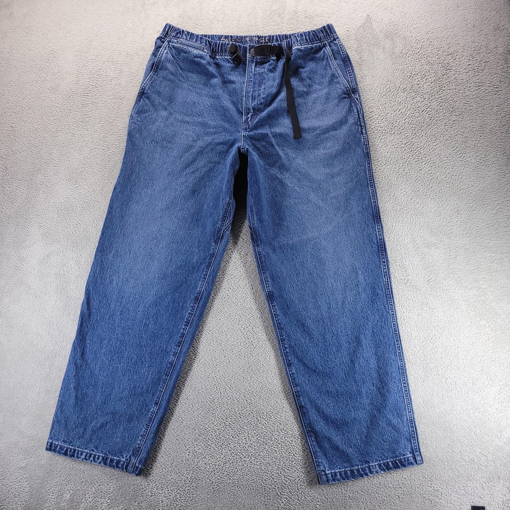 American Eagle Jeans Womens XL Tall Blue Wide Leg Belted Elastic Waist Relaxed